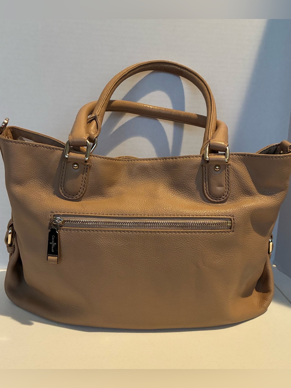 Cole Haan Large Tan Pebbled Leather Shoulder Bag Features a Front Zipper Pocket